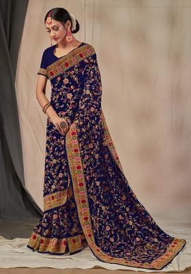 Navy Embroidered Georgette Saree Set