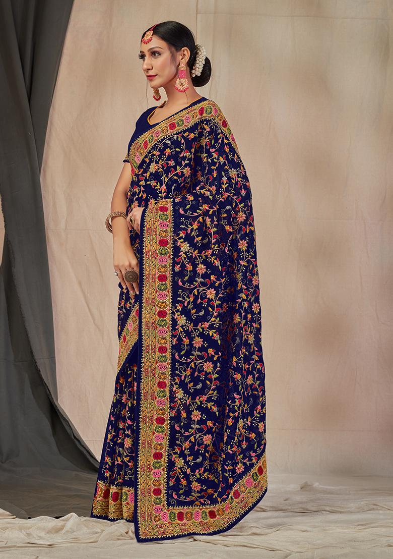 Navy Embroidered Georgette Saree Set - Indya