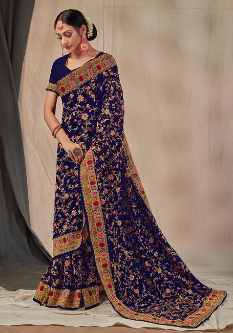 Navy Embroidered Georgette Saree Set