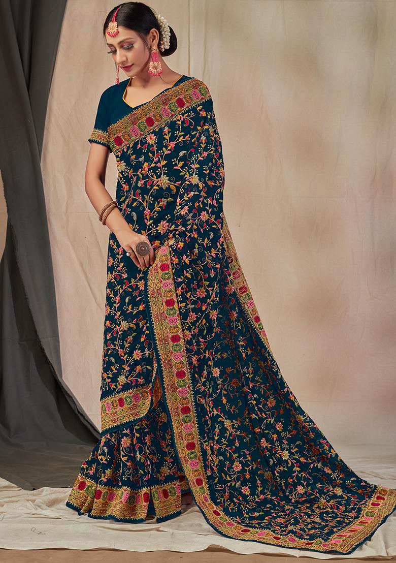Blue Embroidered Georgette Saree Set - Indya