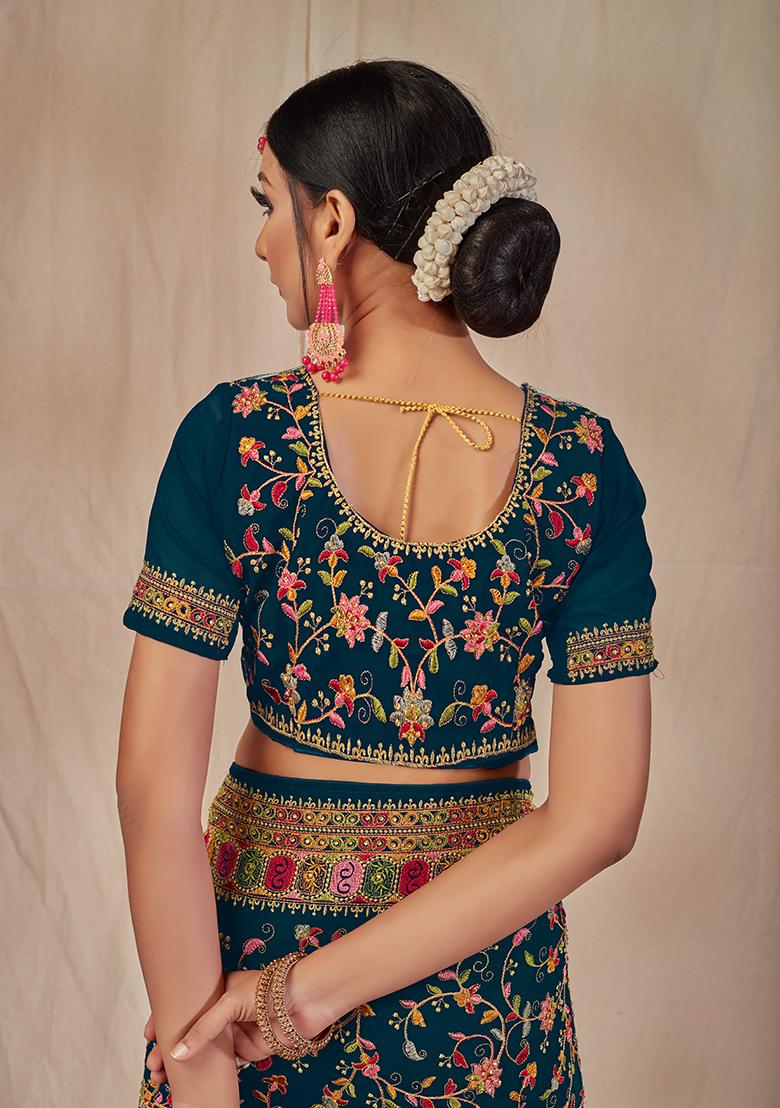 Blue Embroidered Georgette Saree Set - Indya