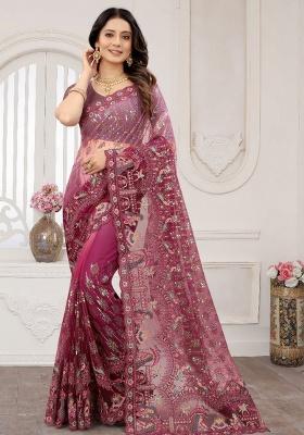 Wine Embroidered Net Saree Set