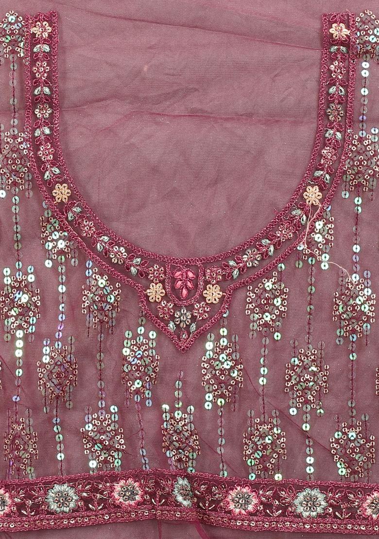 Wine Embroidered Net Saree Set