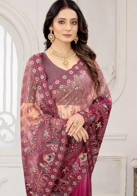 Wine Embroidered Net Saree Set