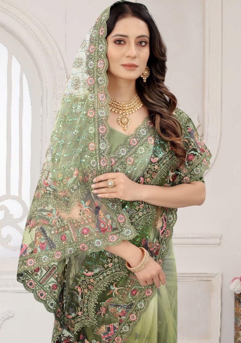 Mehandi Embroidered Net Saree Set - Indya