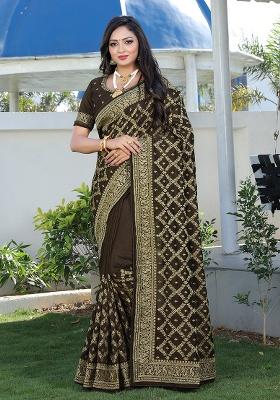 Mehandi Embroidered Silk Saree Set