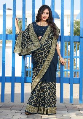 Blue Embroidered Silk Saree Set