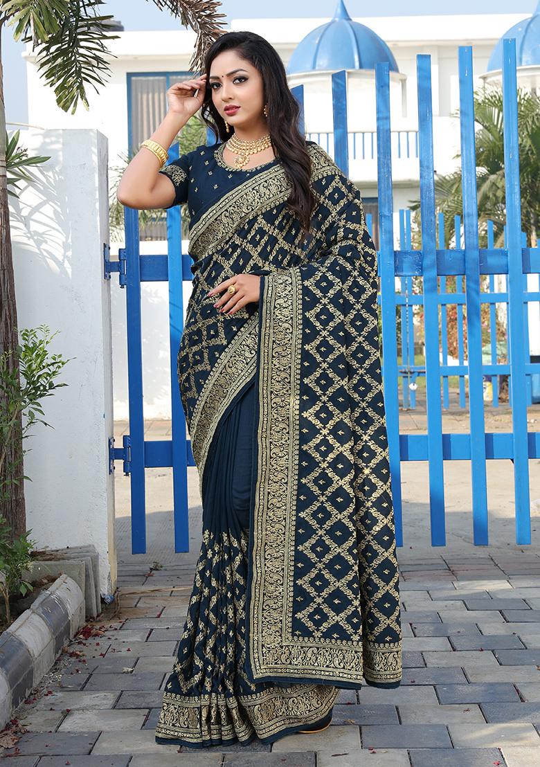 Blue Embroidered Silk Saree Set - Indya