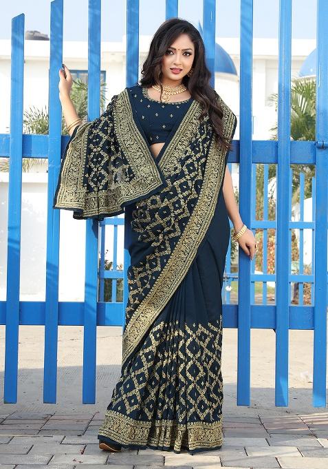 Blue Embroidered Silk Saree Set