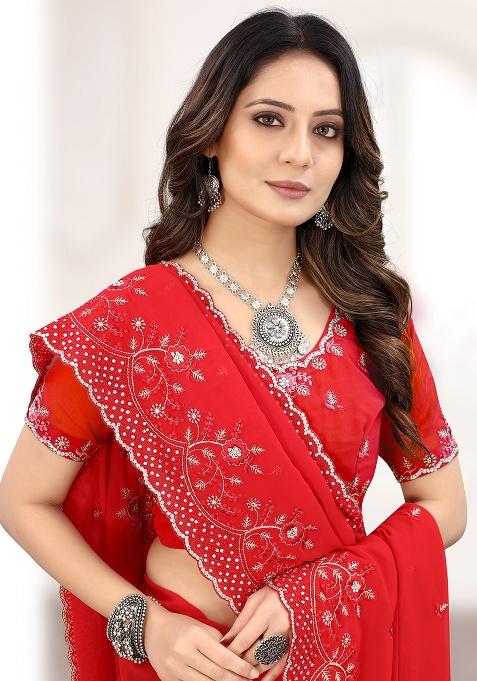 Red Embroidered Georgette Saree Set