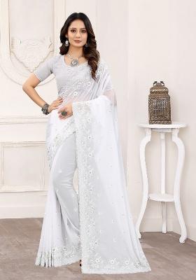 White Embroidered Georgette Saree Set