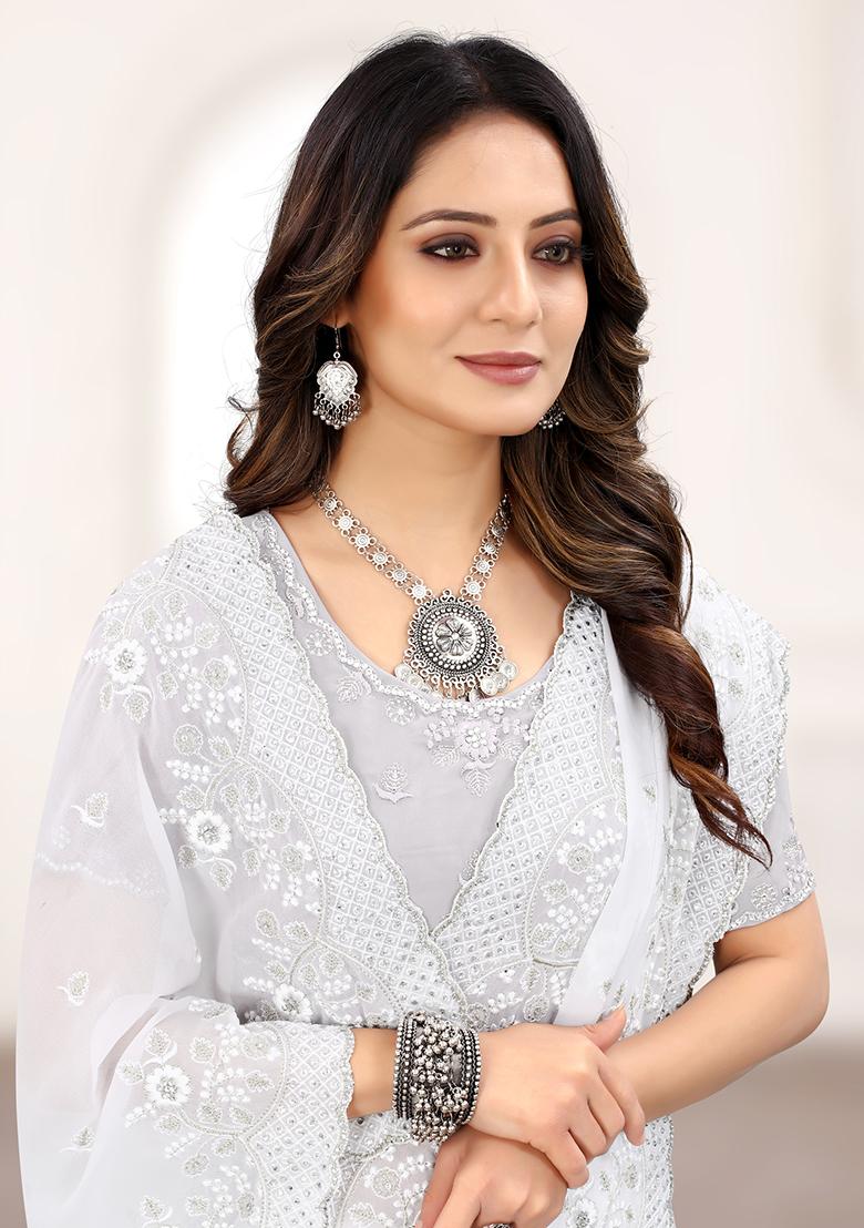 White Embroidered Georgette Saree Set - Indya