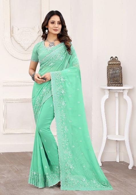 C Green Embroidered Georgette Saree Set