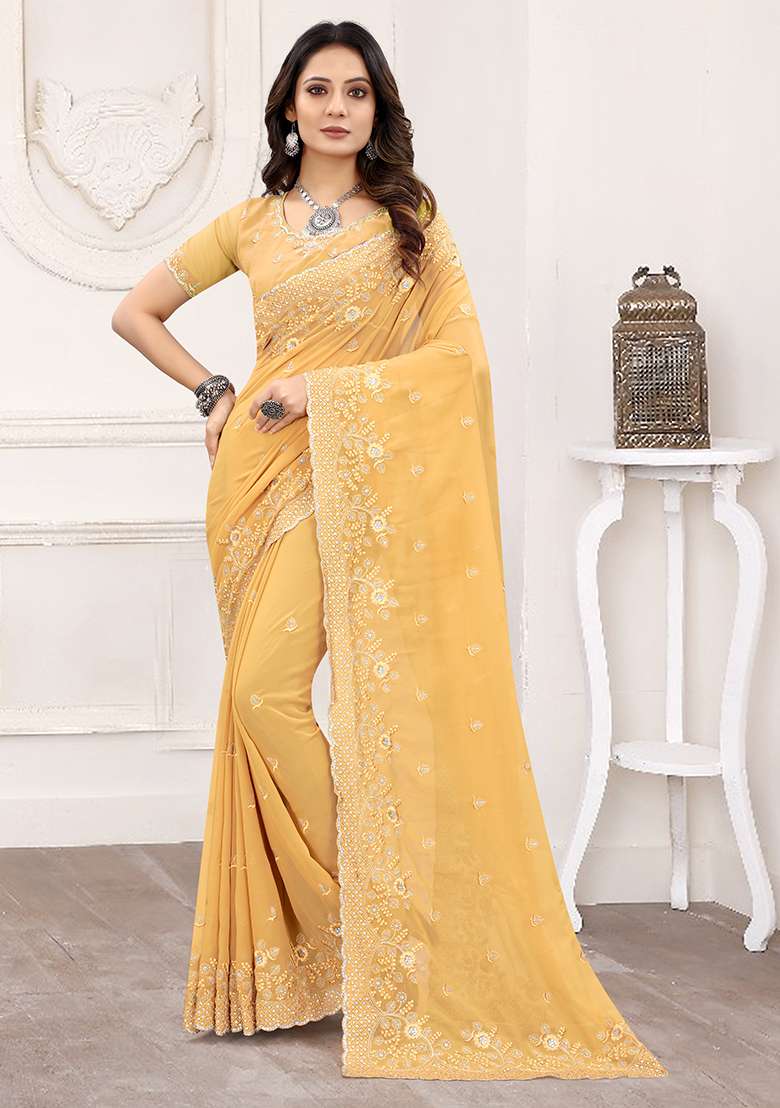 Chiku Georgette Saree Set with Embroidered for Diwali | Wedding & Festive Wear - Indya