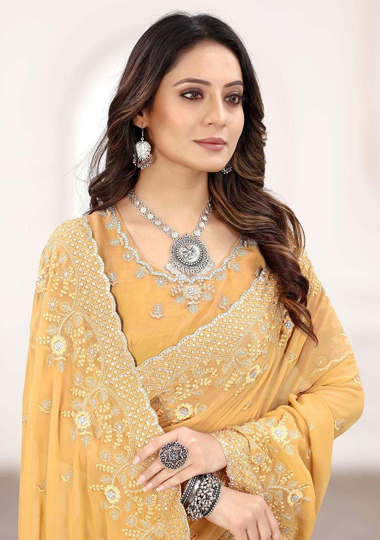 Chiku Embroidered Georgette Saree Set - Indya