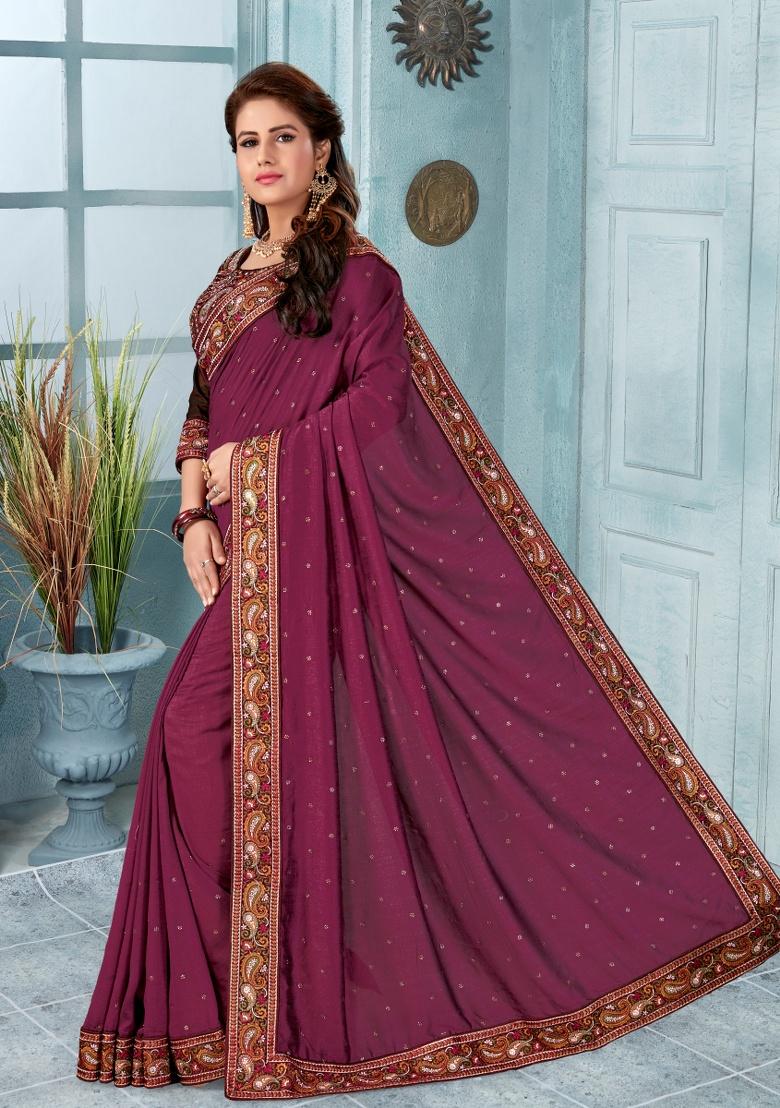 Dusty Wine Embroidered Silk Saree Set - Indya
