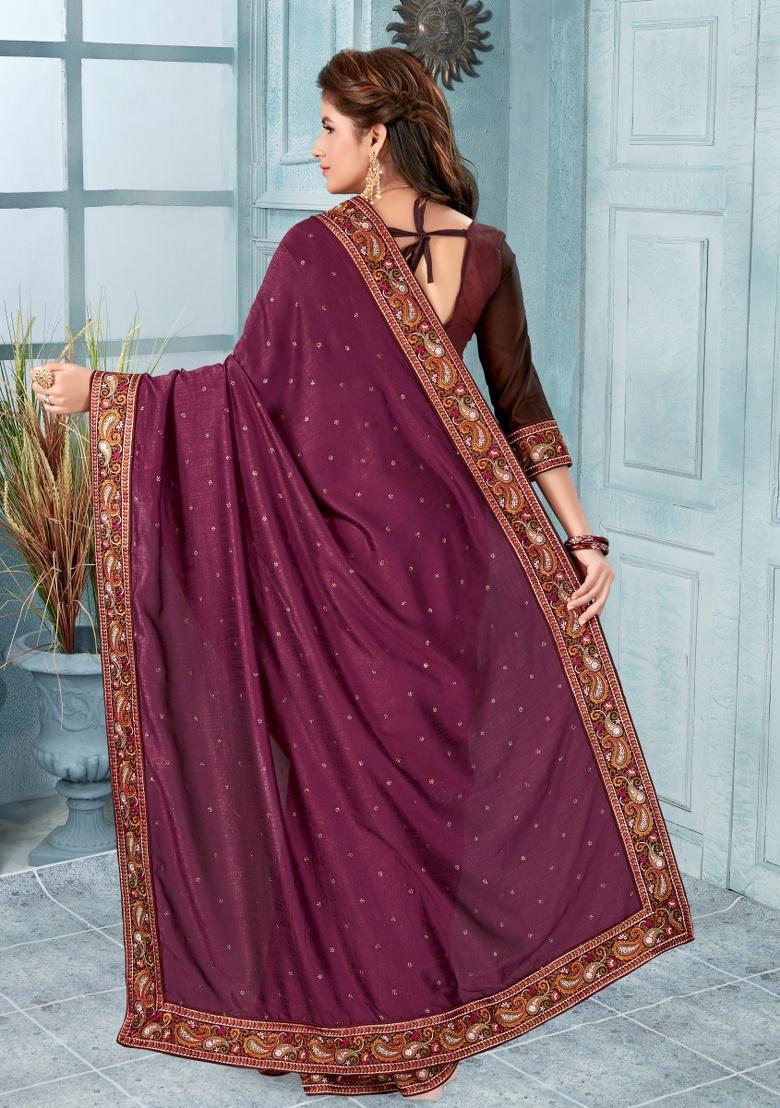 Dusty Wine Embroidered Silk Saree Set