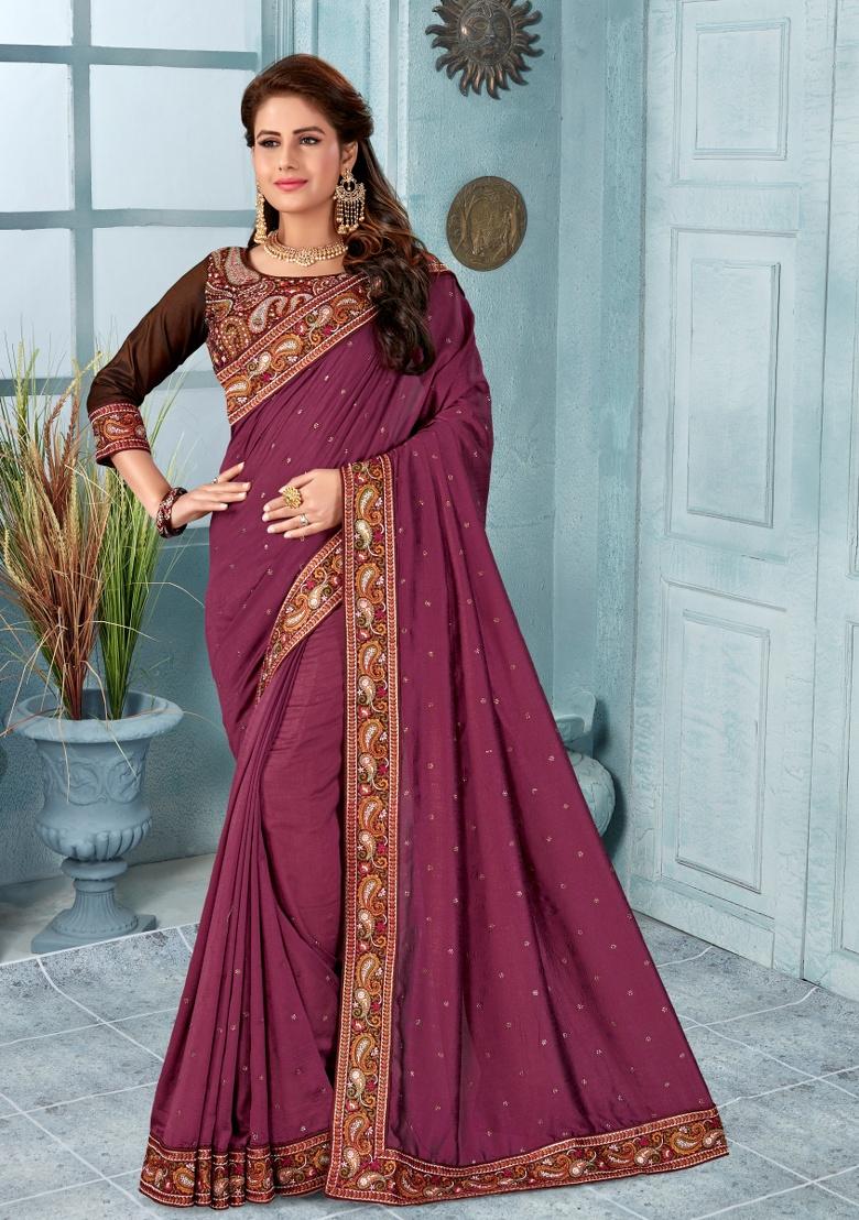 Dusty Wine Embroidered Silk Saree Set