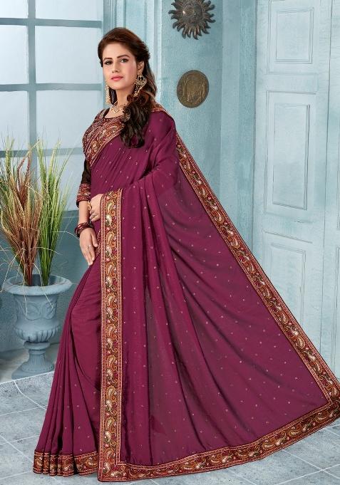 Dusty Wine Embroidered Silk Saree Set