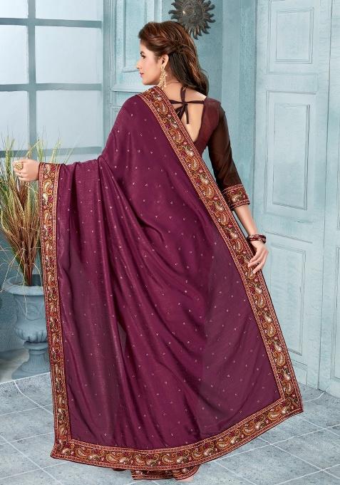 Dusty Wine Embroidered Silk Saree Set