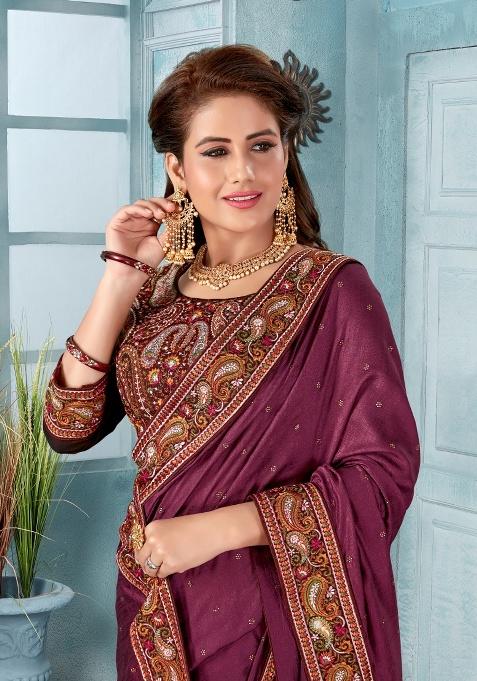 Dusty Wine Embroidered Silk Saree Set