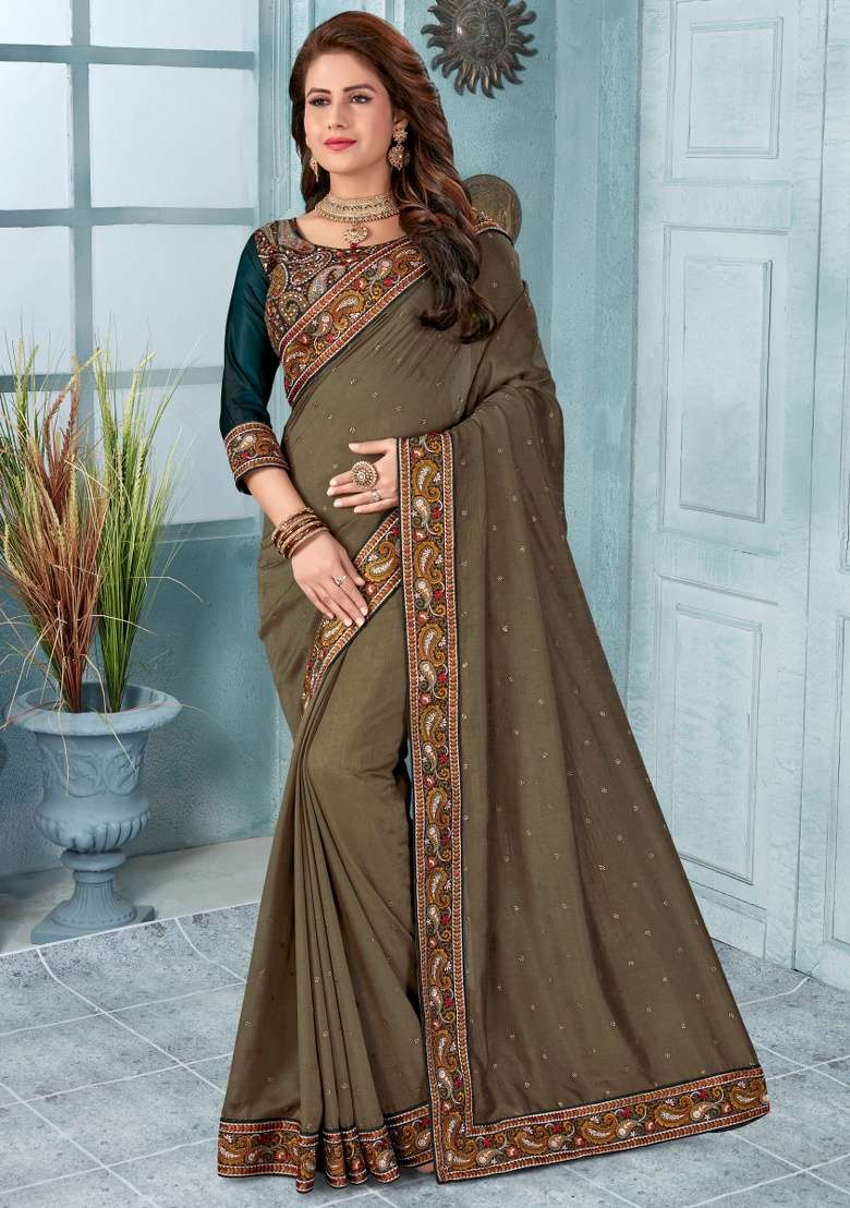 Mouse Silk Blend Saree Set with Embroidered for Diwali | Wedding & Festive Wear - Indya