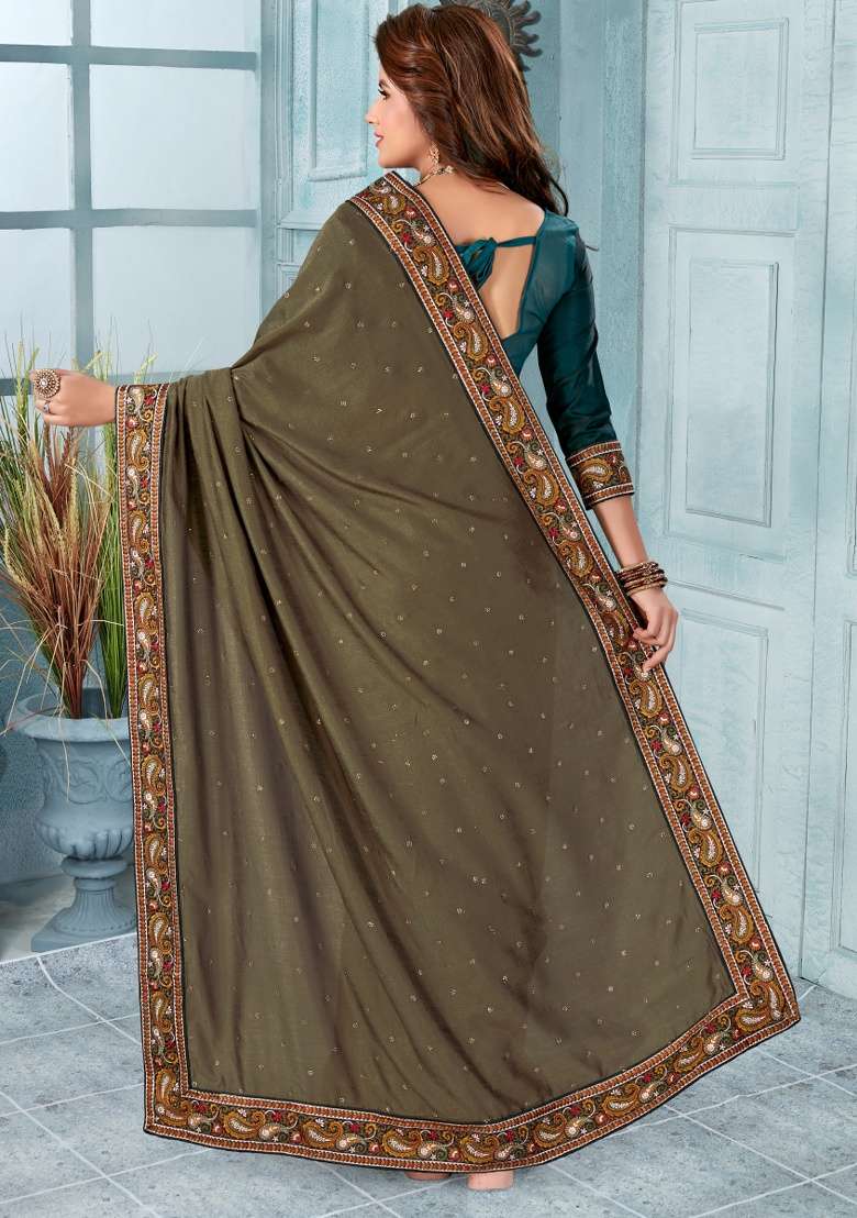 Mouse Silk Blend Saree Set with Embroidered for Diwali | Wedding & Festive Wear - Indya