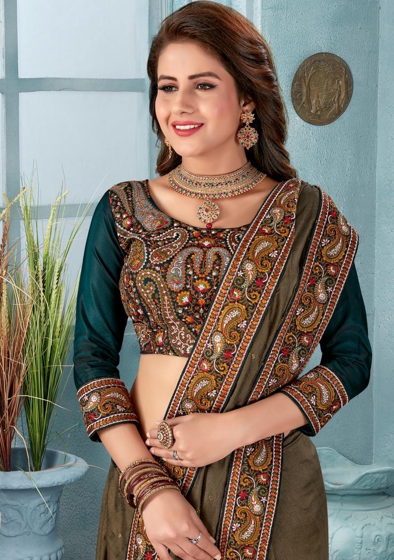 Mouse  Embroidered Silk Saree Set - Indya