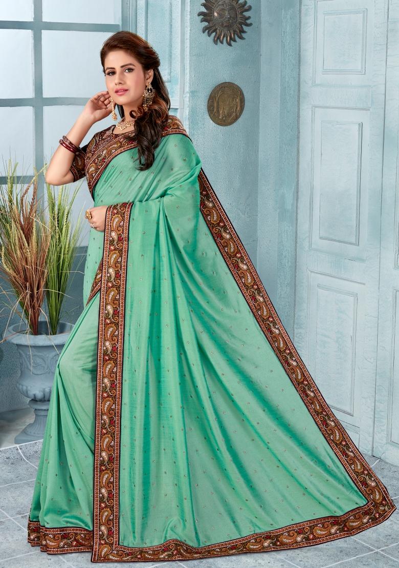 Light Sky Embroidered Silk Saree Set - Indya