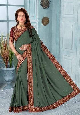 Dusty Mehndi Embroidered Silk Saree Set