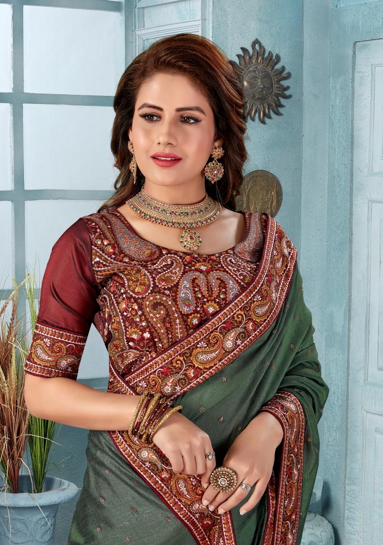 Dusty Mehndi Embroidered Silk Saree Set - Indya