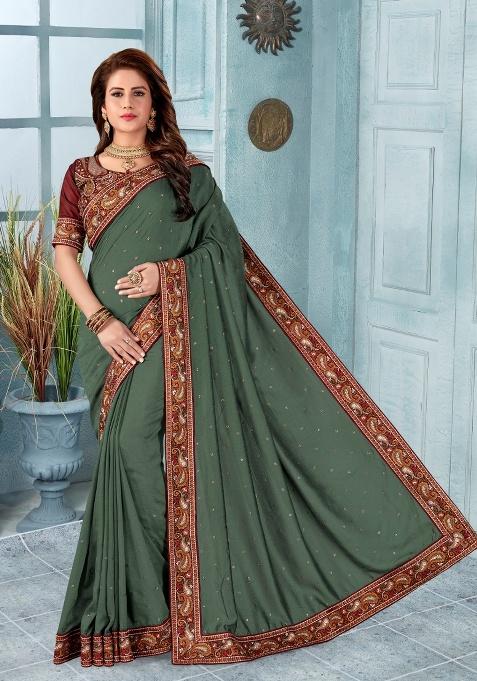 Dusty Mehndi Embroidered Silk Saree Set