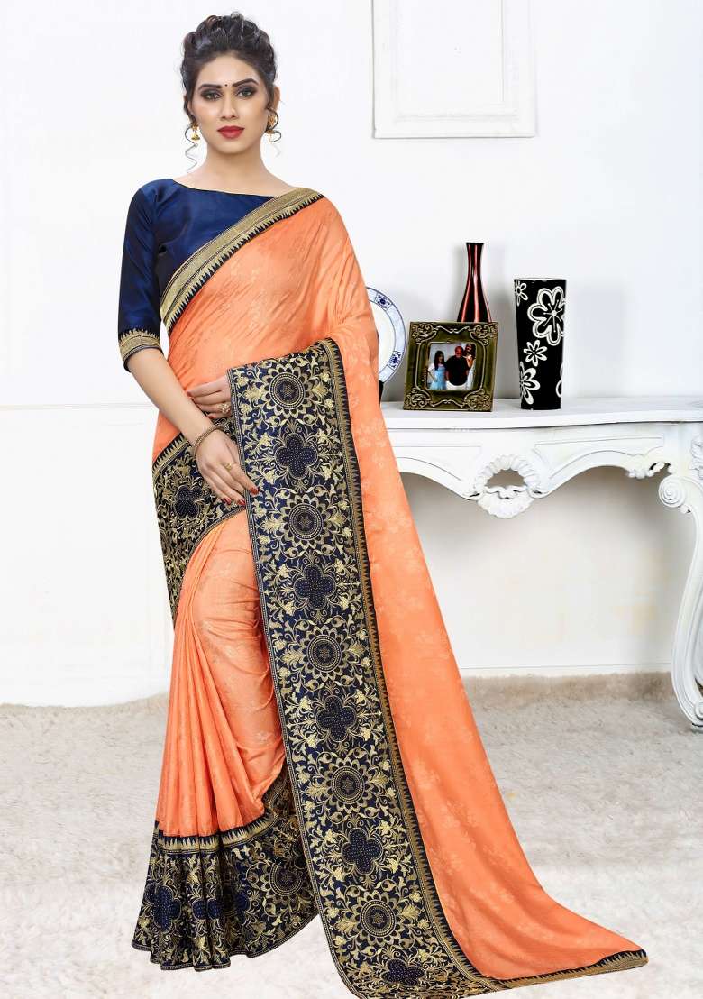 Light Orange Silk Blend Saree Set with Embroidered for Diwali | Wedding & Festive Wear - Indya