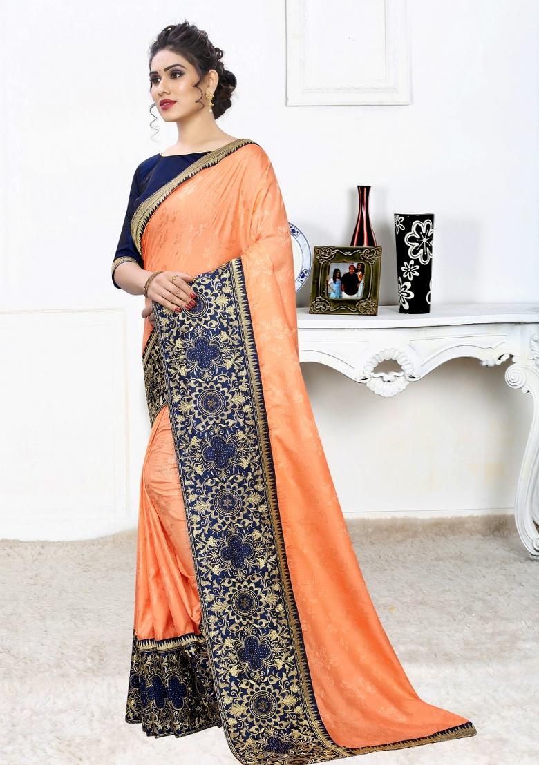 Light Orange Embroidered Silk Saree Set - Indya