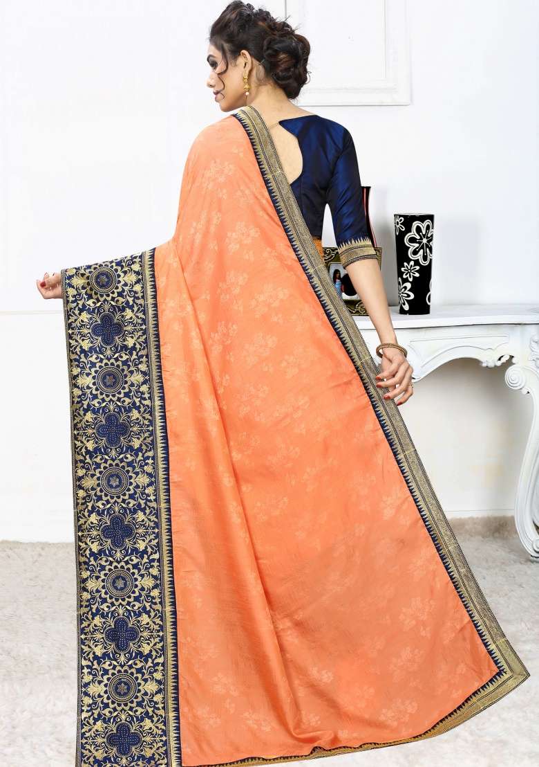Light Orange Silk Blend Saree Set with Embroidered for Diwali | Wedding & Festive Wear - Indya