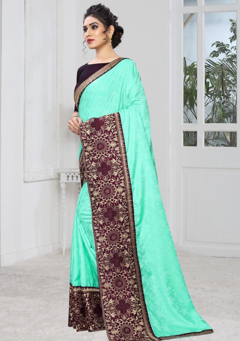 Light Sky Embroidered Silk Saree Set - Indya