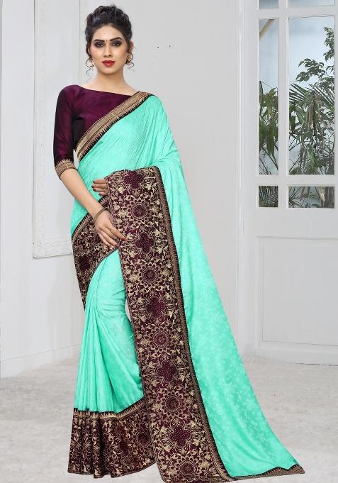 Light Sky Embroidered Silk Saree Set