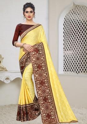 Light Yellow Embroidered Silk Saree Set