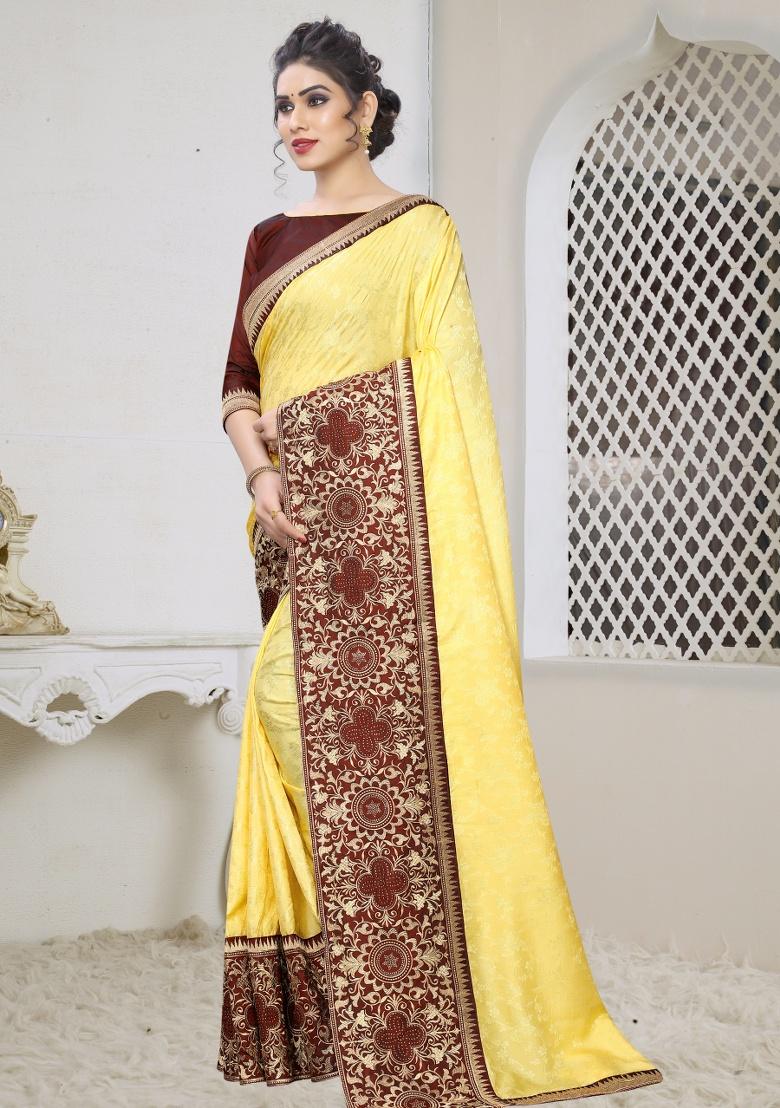 Light Yellow Embroidered Silk Saree Set - Indya