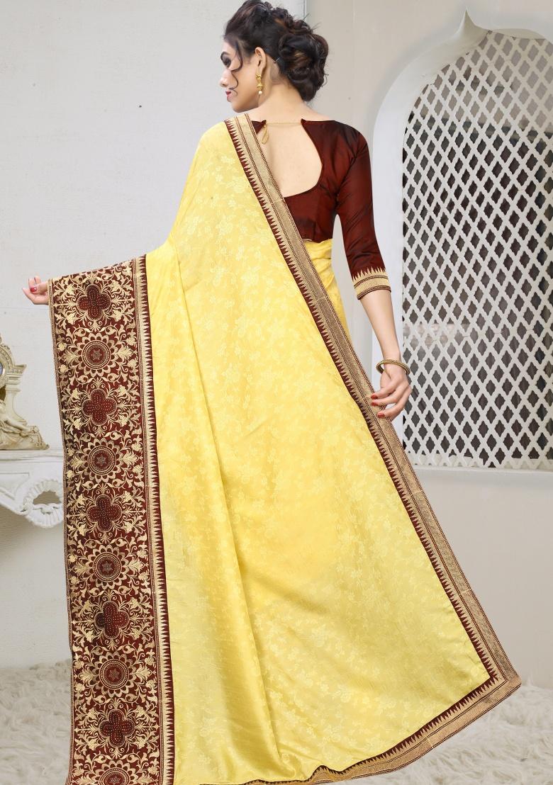 Light Yellow Embroidered Silk Saree Set