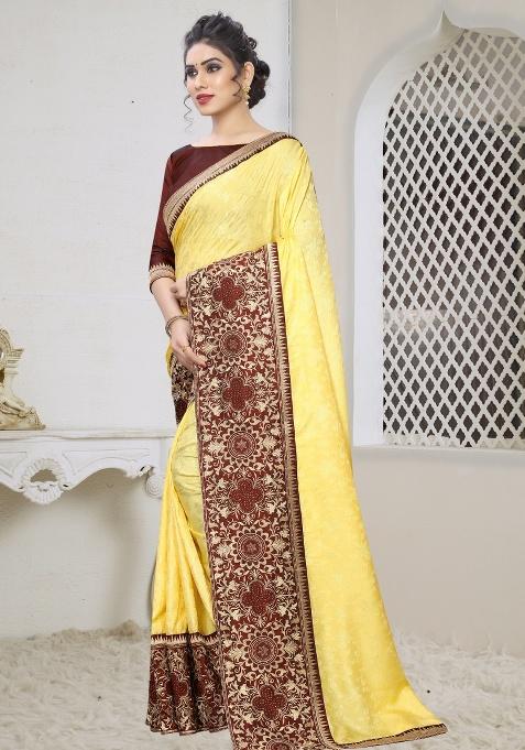 Light Yellow Embroidered Silk Saree Set