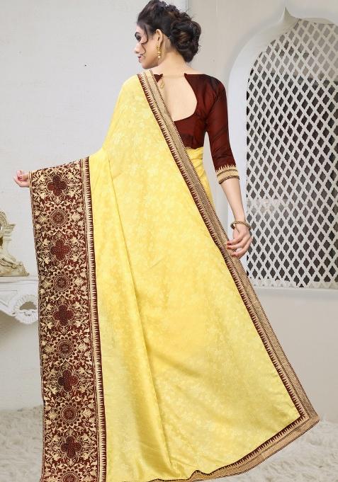 Light Yellow Embroidered Silk Saree Set