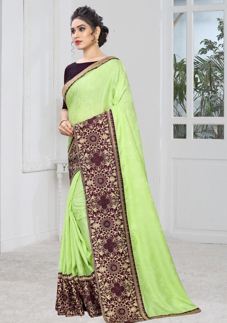Light Pista Embroidered Silk Saree Set - Indya