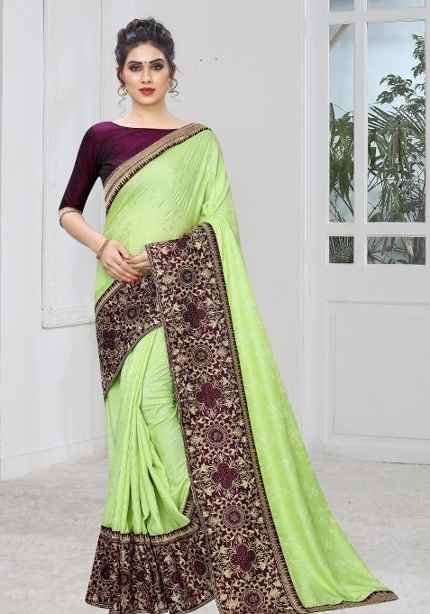 Light Pista Embroidered Silk Saree Set