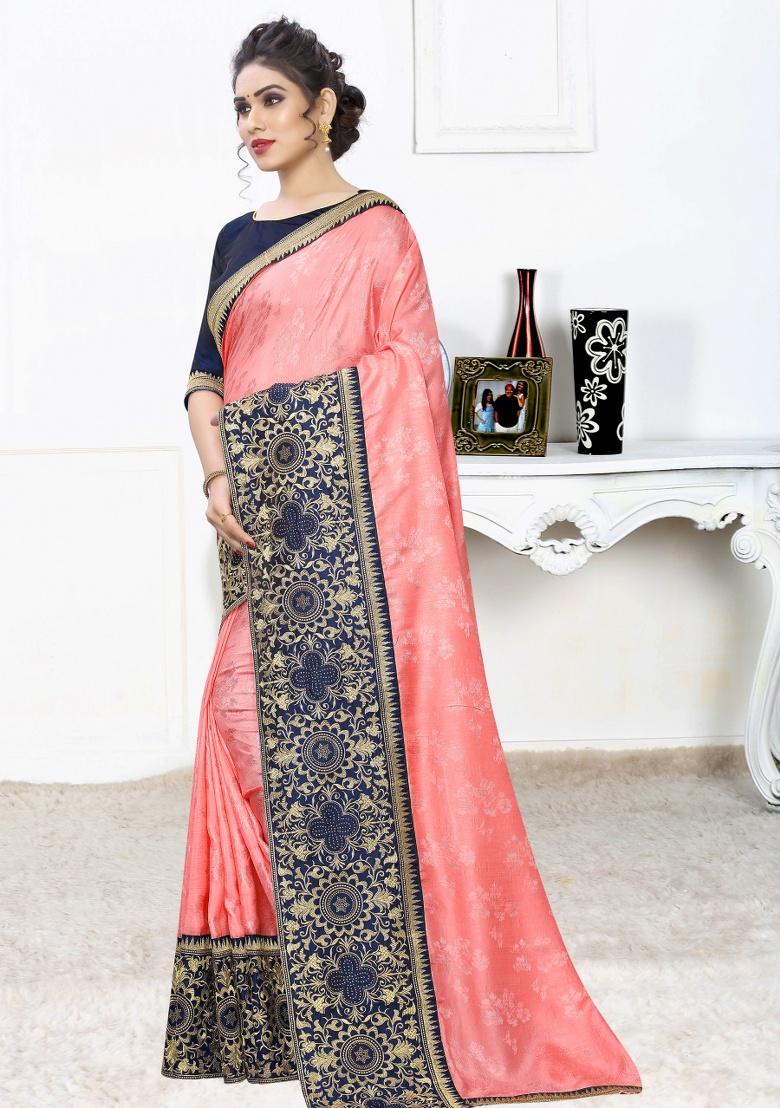 Light Pink Embroidered Silk Saree Set - Indya