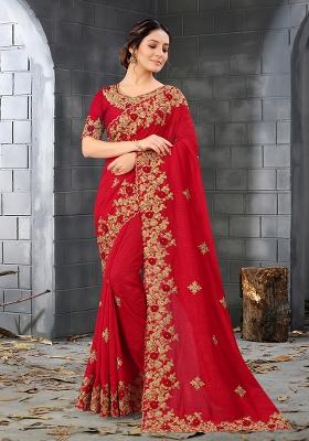 Red Embroidered Silk Saree Set