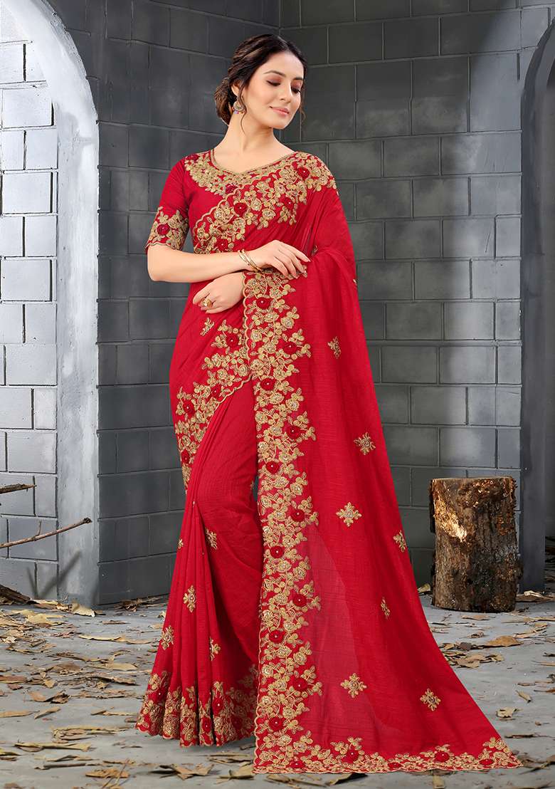 Red Silk Blend Saree Set with Embroidered for Diwali | Wedding & Festive Wear - Indya