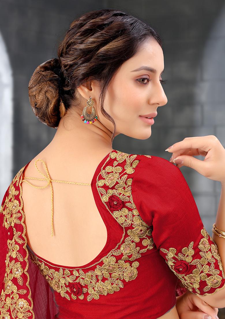 Red Embroidered Silk Saree Set - Indya