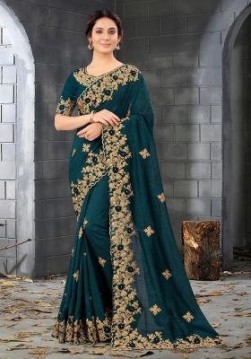 Blue Embroidered Silk Saree Set