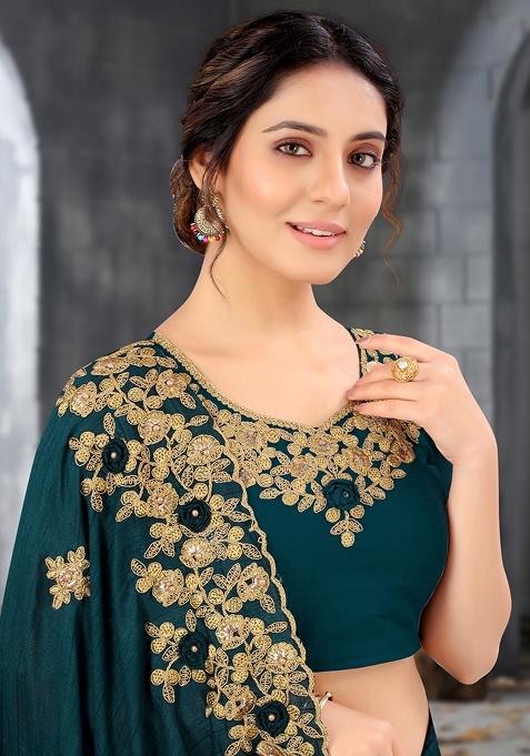 Blue Embroidered Silk Saree Set